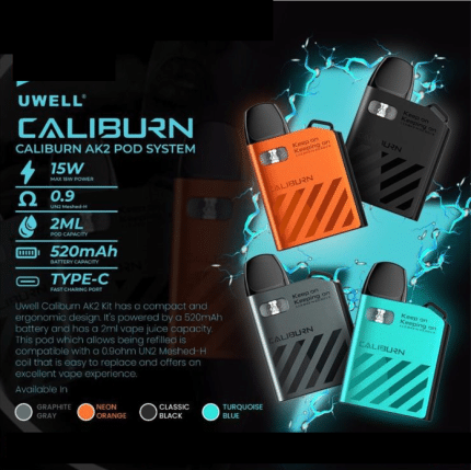 UWELL Caliburn AK2 15W pod system vape device with 520mAh battery and 2ml capacity