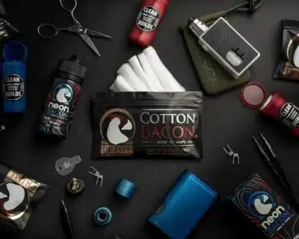 Wick n Vape Prime Cotton Bacon pack with 10 white organic vape cotton strips, fast-wicking, pesticide-free for Bahrain vapers.