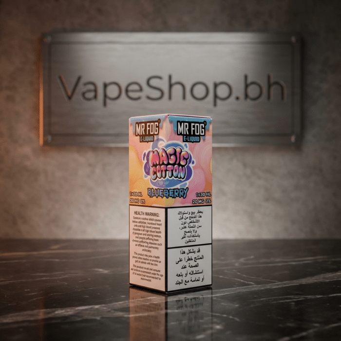 Mr fog saltnics side profile, compact 30ml mr fog salt nic juice pack with clear branding.