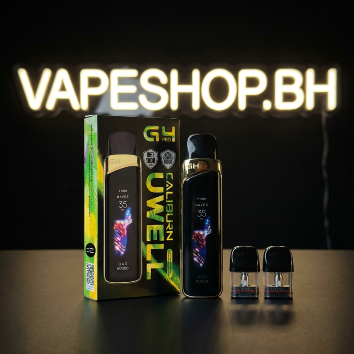 Close view of uwell caliburn g4 pro pod vape showing ergonomic mouthpiece and gpp cartridge, saltnic device