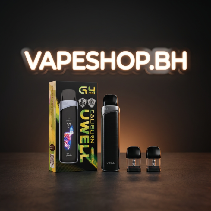 Uwell caliburn g4 pro displaying storm mode on high-res touch screen, adjustable airflow pod system