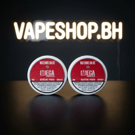 Close-up of Grand E-Liquids Mega nicotine pouches can lid open, revealing stacked pouches for Bahrain users