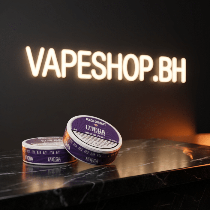 Grand e-liquids mega nicotine pouches white slim can on black background, ideal bahrain nicotine pouch