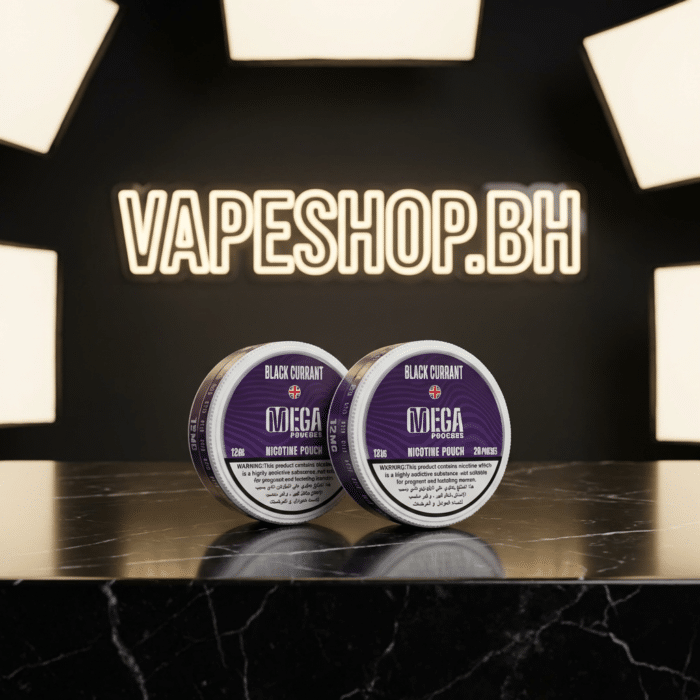 Top-down shot of opened grand e-liquids mega nicotine pouches, fresh pouches inside for bahrain