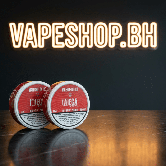 Grand e-liquids mega nicotine pouches product stack in can, tobacco-free bahrain pouches closeup