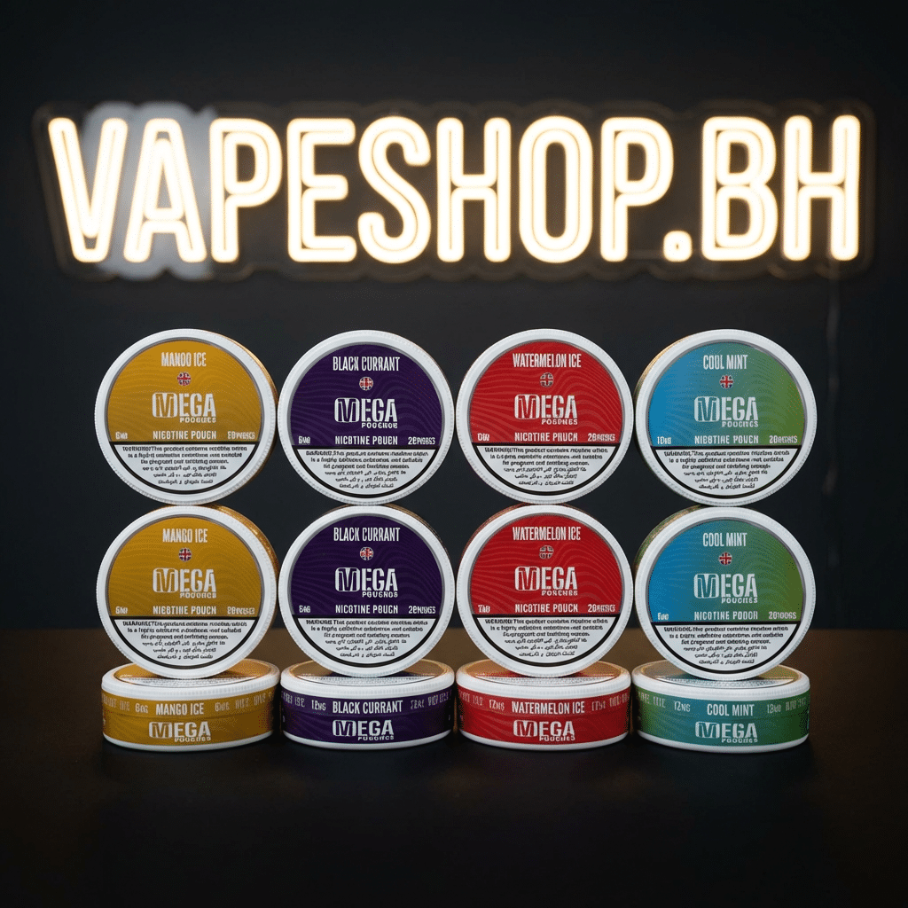 3811593 Grand e-liquids mega nicotine pouches in sleek black can with white label, tobacco-free bahrain vape shop essential