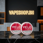 VELO nicotine pouches display in gallery, peppermint white slim format, tobacco-free 3mg less intense option.