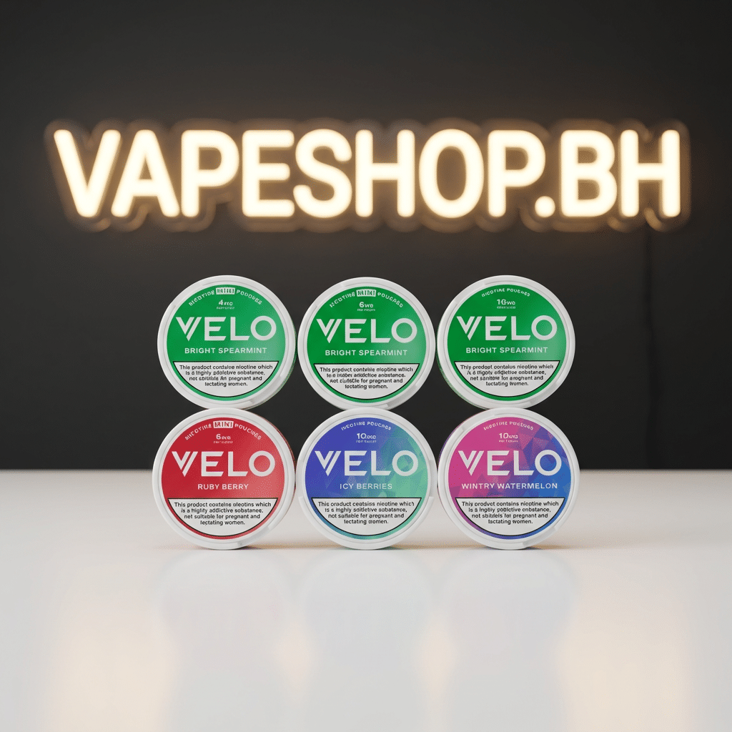 3811710 Vibrant velo nicotine pouches can in featured view, slim tobacco-free pouches for bahrain users, various strengths 3-9mg.