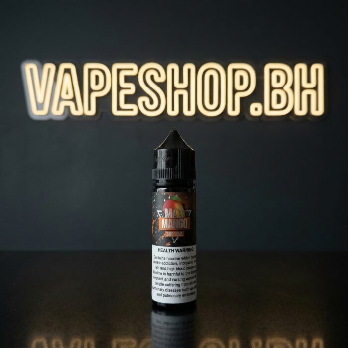 Close-up of max e-liquids freebase from samsvape in tall bottle with colorful branding for bahrain shop.