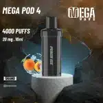 Grand E-Liquids Mega Pod 4 Disposable vape in Peach Ice flavor, sleek design with 4000 puffs, 10ml e-liquid for Bahrain vapers