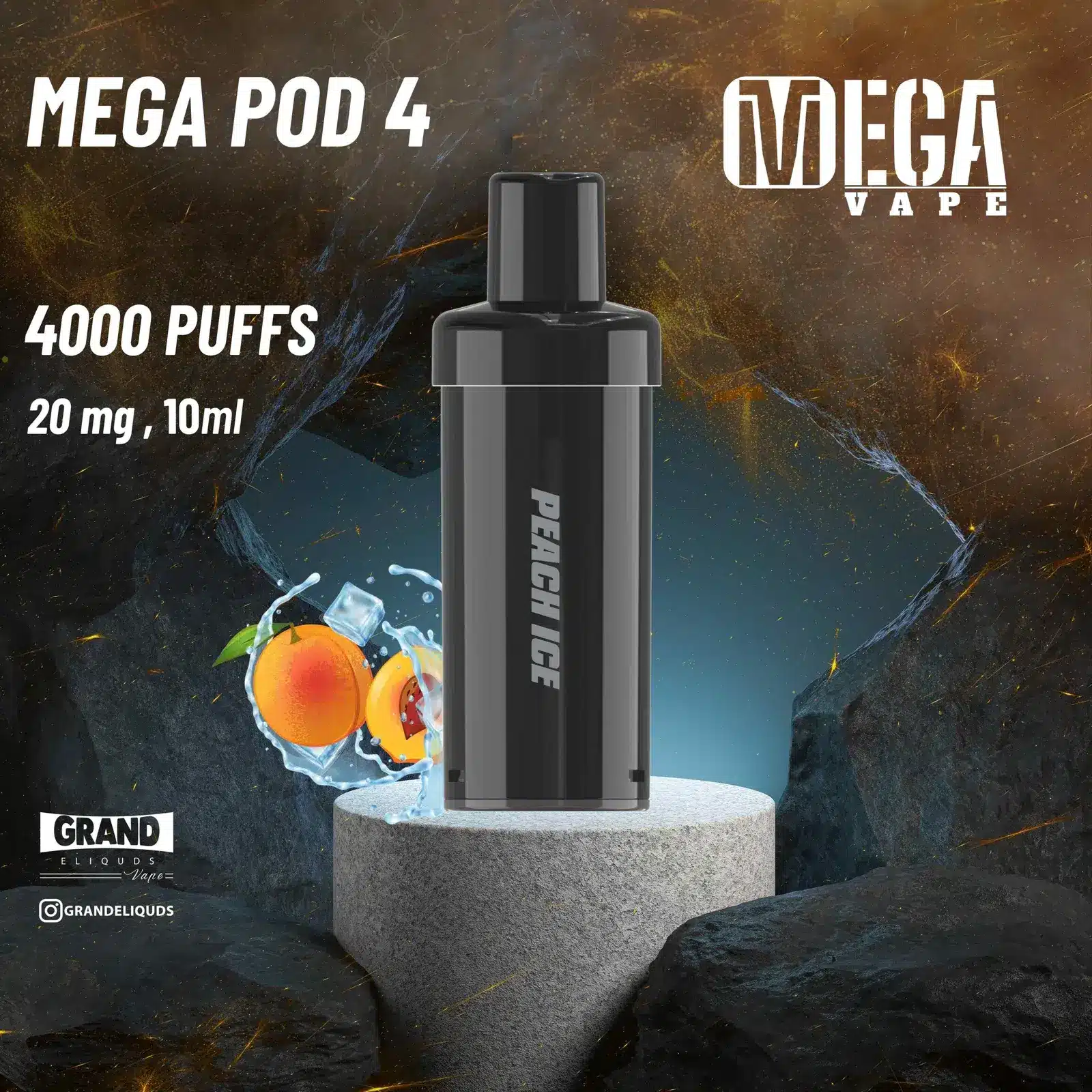 Peach-Ice-Scaled-1.Webp Grand e-liquids mega pod 4 disposable vape in peach ice flavor, sleek design with 4000 puffs, 10ml e-liquid for bahrain vapers