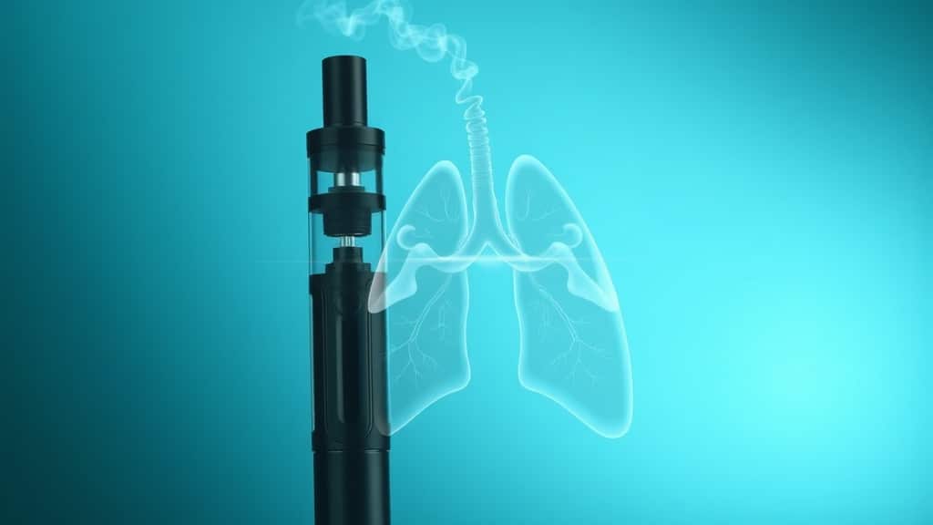 A stylized close‑up of a futuristic e‑cigarette, its clear body filled with swirling vapor that dissolves into a translucent lung shape, set against a muted blue‑green gradient background that evokes calm and uncertainty. The scene is illuminated by soft backlight, casting a gentle halo around the device, hinting at the allure and hidden risks of vaping.