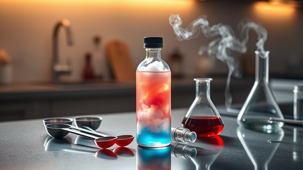 A sleek, modern kitchen counter with a clear glass bottle of vibrant, cloud‑colored vape juice, surrounded by precise measuring spoons, a small bubbling flask, and a gentle swirl of vapor, all bathed in warm, inviting light.