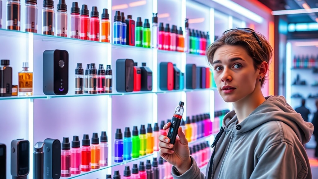 A sleek, brightly lit retail display of a wall of modern vape devices, colorful pods, and translucent e‑liquid bottles arranged in a gradient of neon hues, with a curious young adult holding a vape pen and looking intrigued. The scene is bathed in soft, futuristic lighting that highlights the glossy surfaces and vibrant colors, creating an inviting and contemporary atmosphere.