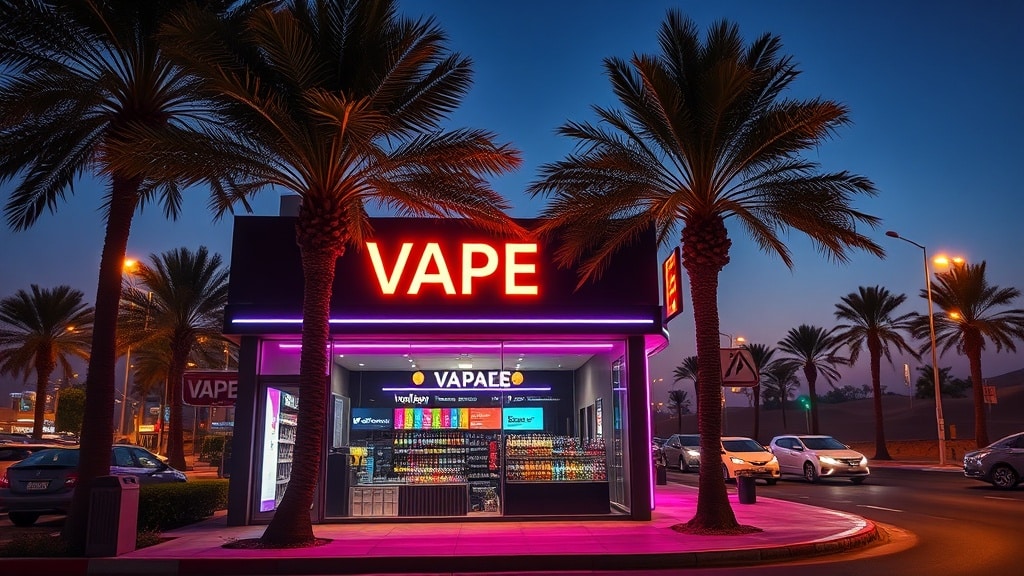 A sleek, neon‑lit vape shop storefront on a bustling Bahrain street, palm trees framing the entrance and a glass display showcasing colorful e‑liquid bottles and sleek vaporizer devices, all under a twilight sky with subtle desert dunes in the background.