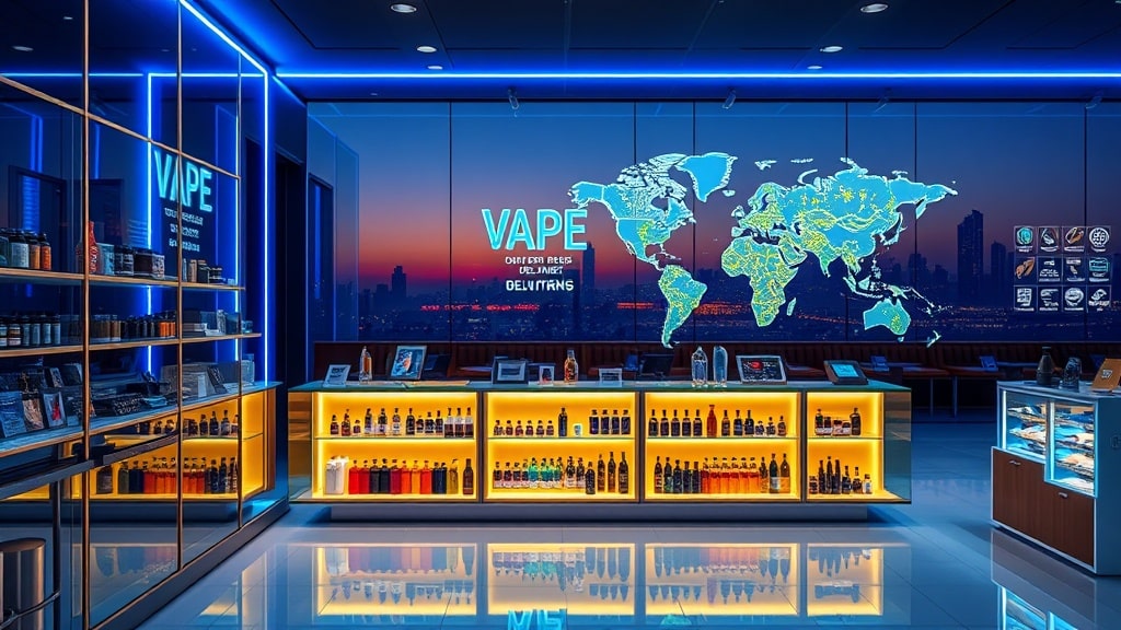 A sleek, contemporary vape shop in Bahrain with a glass-front display, neon blue and gold accents, a diverse crowd sampling devices, and a digital map of delivery routes glowing against the twilight skyline.