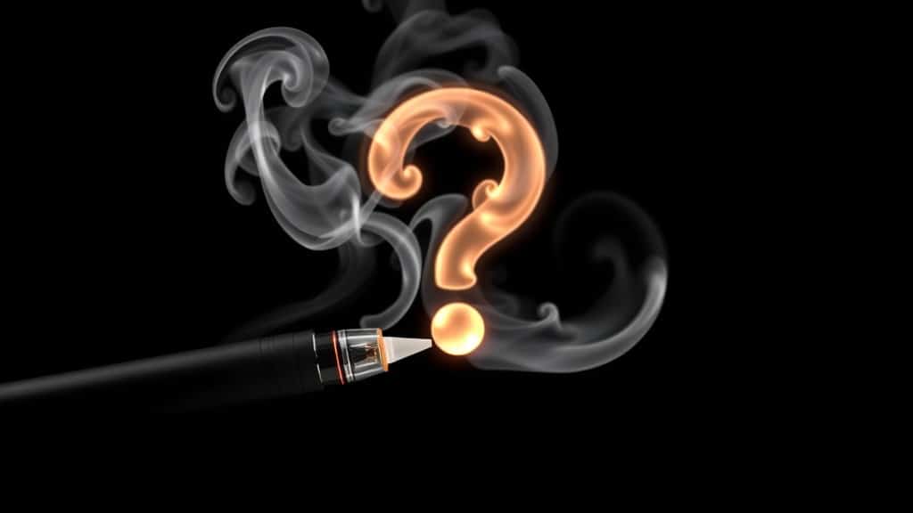 A sleek, modern e‑cigarette emits a swirling cloud of vapor that dissolves into a glowing question mark against a contrasting dark background, symbolizing the mystery and uncertainty surrounding vaping myths.