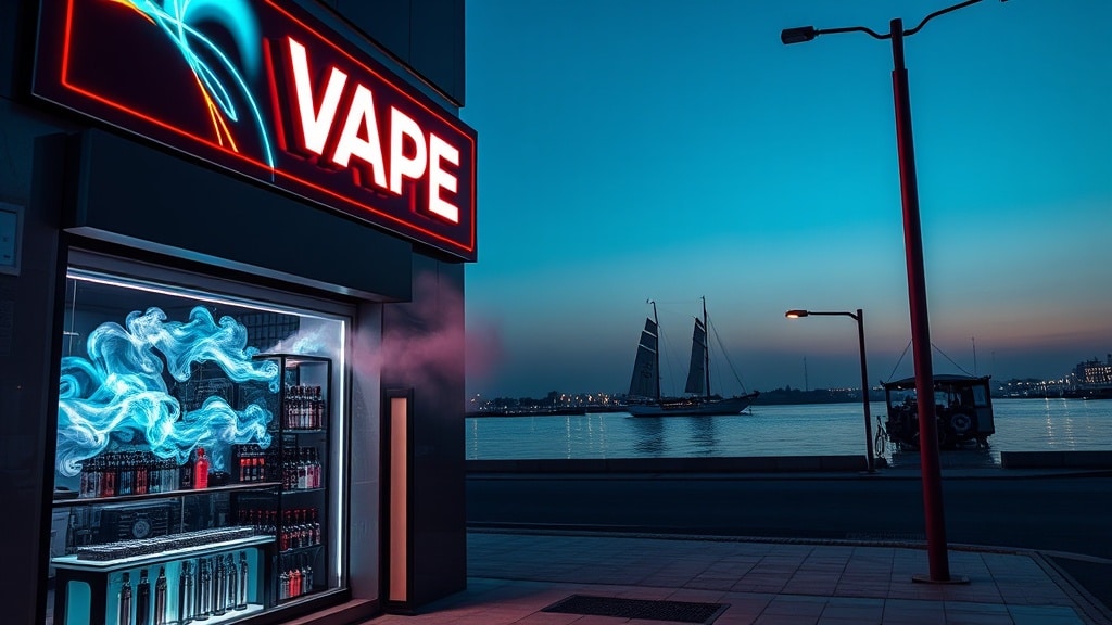 A sleek, neon‑lit street scene in Manama at dusk, featuring a trendy vape shop storefront with holographic vapor clouds and an array of modern vape devices displayed on glass counters. In the background, a subtle silhouette of a Bahraini dhow glides over calm waters, hinting at the country’s cultural identity.