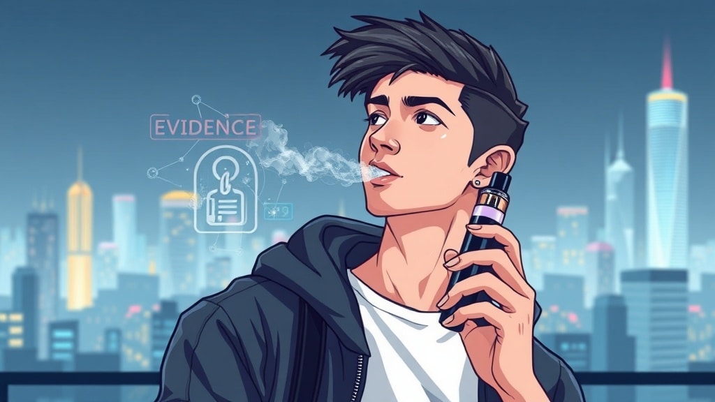 A sleek, high-contrast illustration of a young adult holding a futuristic vape pen, with a luminous cloud of vapor dissolving into a crystal-clear evidence icon and subtle holographic graphs floating around, set against a stylized, digital cityscape that hints at modernity and clarity.