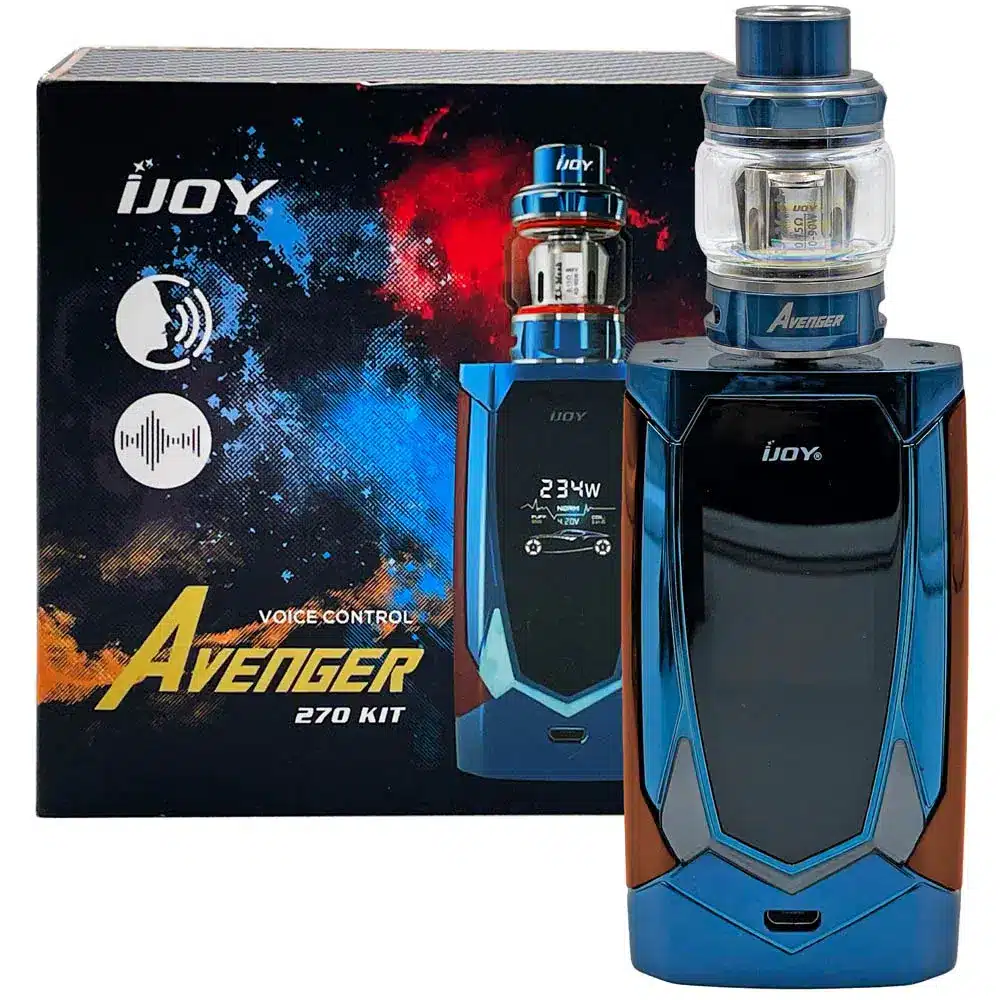 Ijoy-Avenger-Vaporizer-Blue-Orange_1800X1800.Webp Ijoy avenger270 kit vaporizer in striking blue and orange colors, angled design with oled screen and large fire button for bahrain vapers