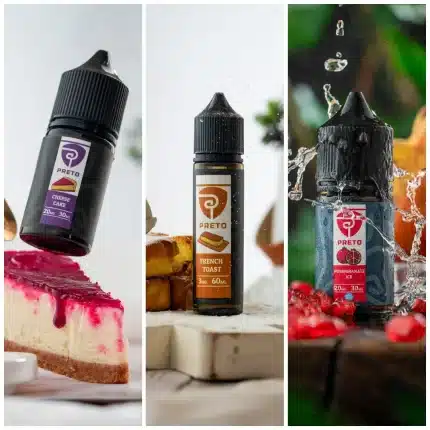 Preto E-Liquids Saltnic salt nicotine e-liquid photo collage showcasing sleek bottles for Bahrain vapers.