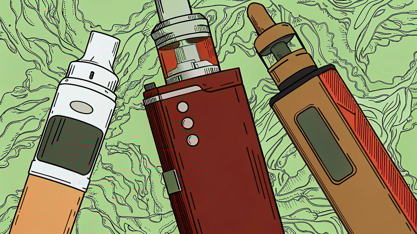 Three different types of vape devices: disposable, pod system, and advanced mod.