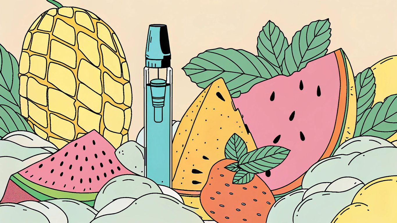Illustration of various fruits and mint leaves representing popular vape e-liquid flavors.