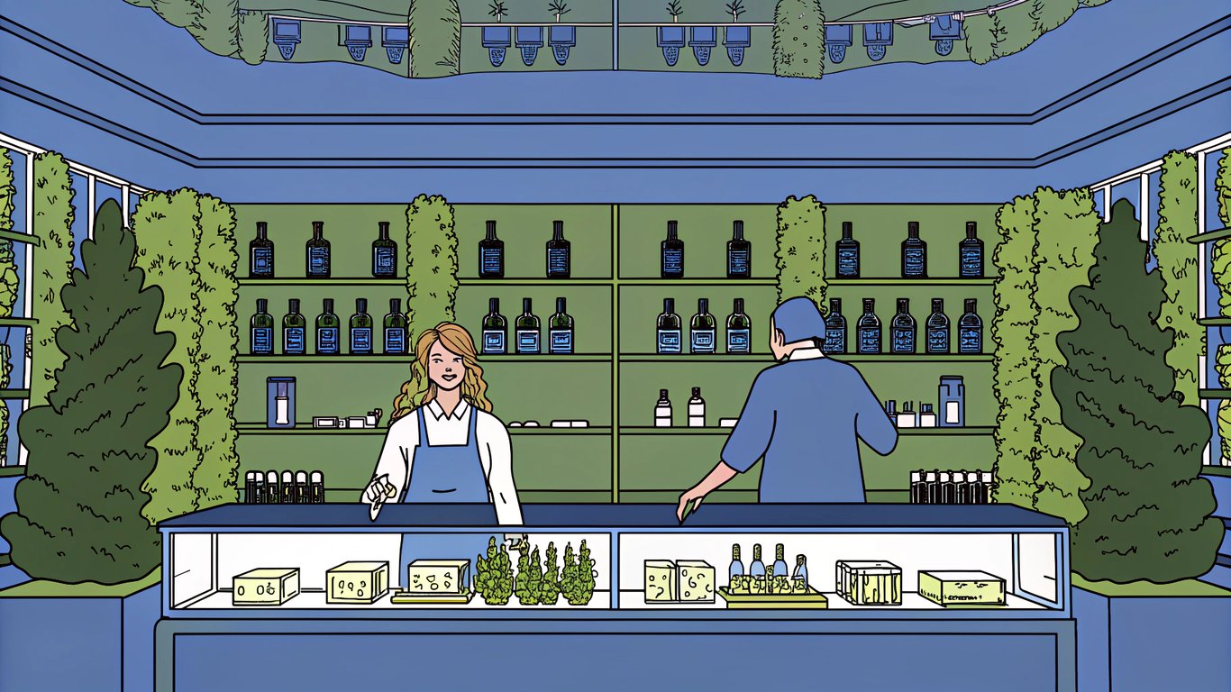 Interior view of a modern vape shop with products on display and a customer interacting with staff.