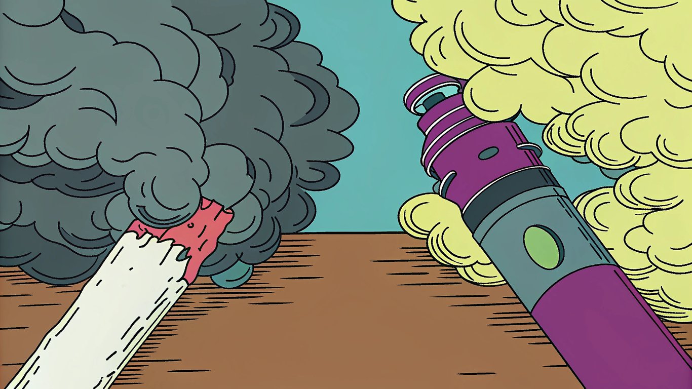 A visual comparison between a traditional cigarette and a vaping device, highlighting the difference in emitted substances.