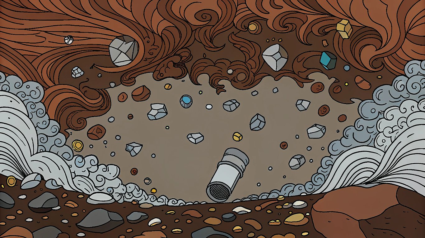 Illustration of a vape cloud with chemical symbols and heavy metal icons subtly integrated, symbolizing hidden harmful substances.
