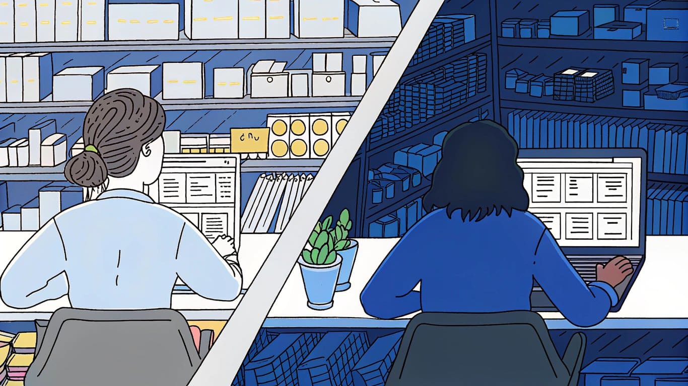 Illustration comparing shopping experiences: a person in a physical store on one side, and a person shopping online on a laptop on the other.