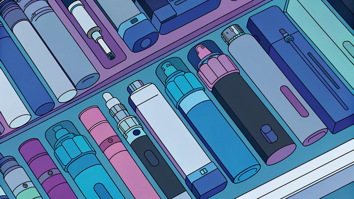 Illustration of various vape products including disposable vapes, pod systems, mods, e-liquids, and accessories.