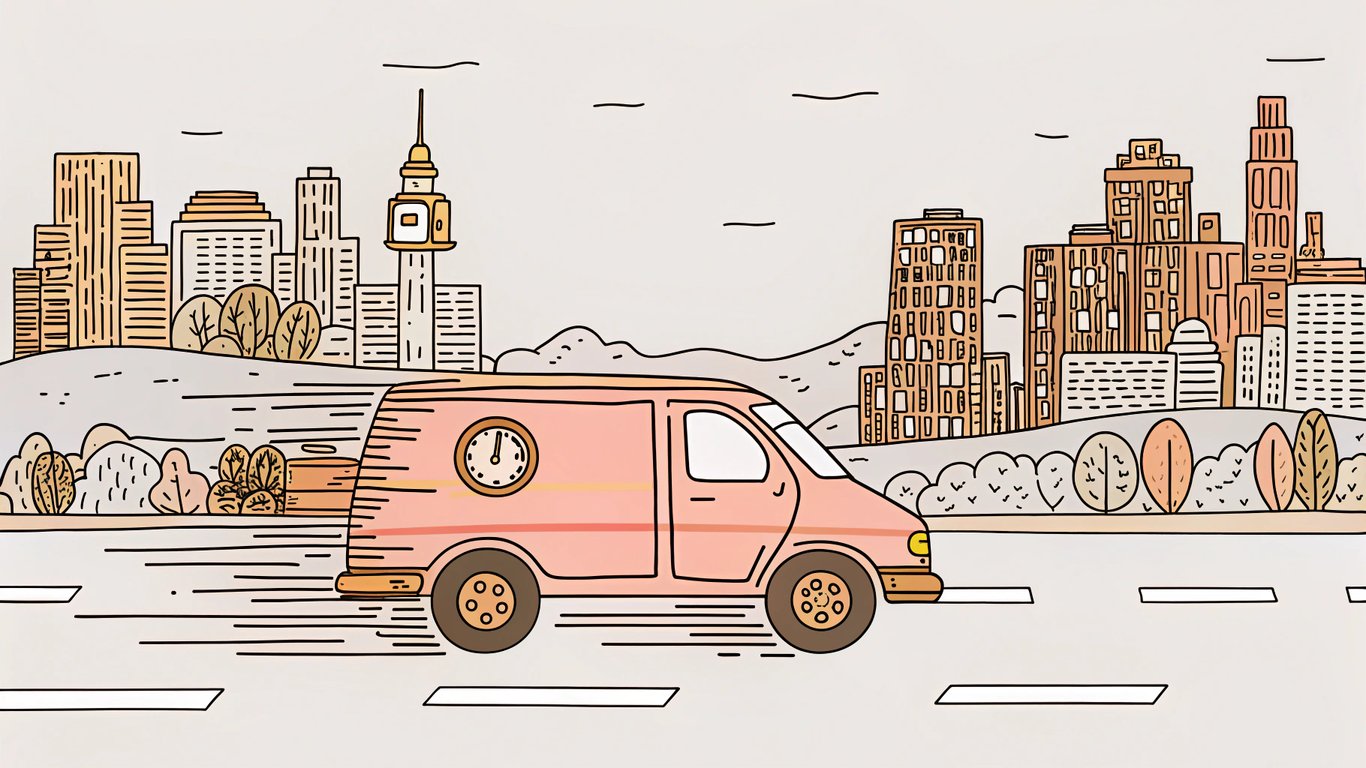 Illustration of a delivery van with a vape package, symbolizing fast delivery services in a city.