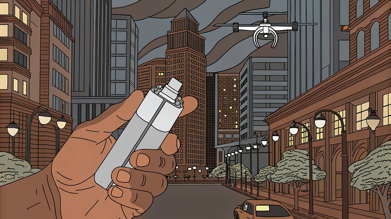 A hand holding a modern vape device with a delivery drone in the background, representing fast vape delivery in a city.