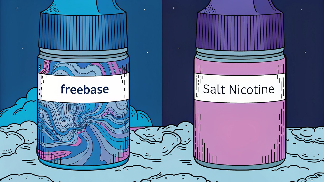 Two e-liquid bottles, one for freebase nicotine with a strong throat hit symbol, and one for salt nicotine with a smooth vapor symbol, illustrating their differences.