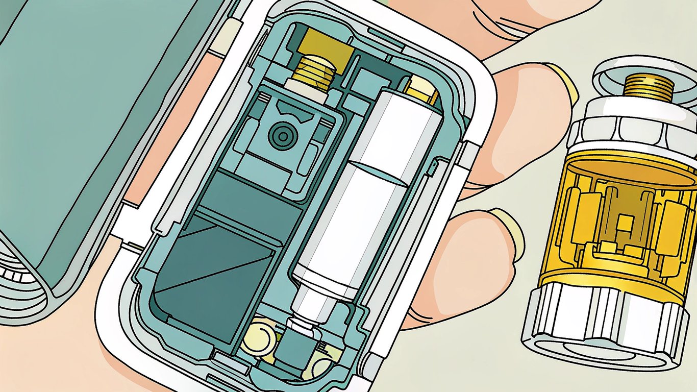 An exploded view illustration of a vape pod system, showing the pod, coil, and device body separated.