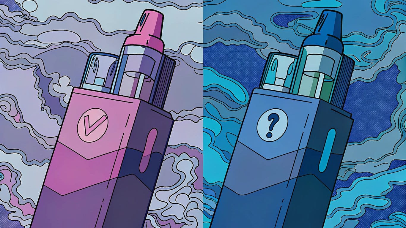 Illustration contrasting an authentic, well-packaged vape product with a counterfeit, poorly packaged one.