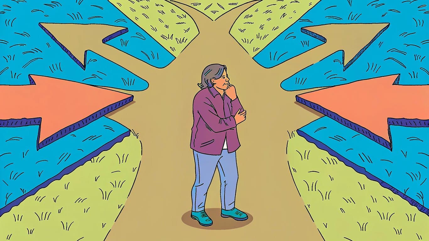 Illustration of a person confused by conflicting information signs at a crossroads.