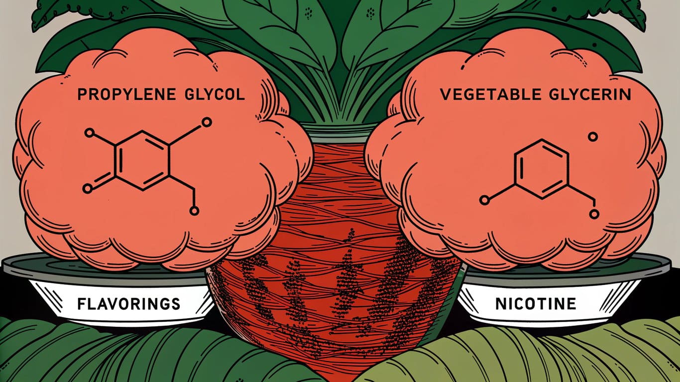 Illustration showing the chemical components of vape aerosol, including pg, vg, flavorings, and nicotine, not just water.