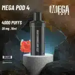 Grand E-Liquids Mega Pod 4 Disposable vape showing Watermelon Ice flavor, 4000 puff capacity, pre-filled 10ml nic salt e-liquid