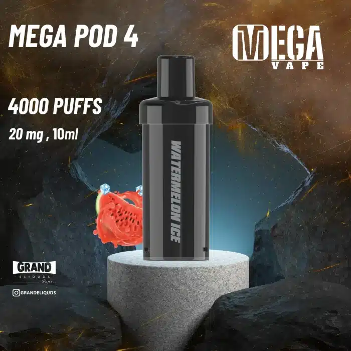 Grand e-liquids mega pod 4 disposable vape showing watermelon ice flavor, 4000 puff capacity, pre-filled 10ml nic salt e-liquid