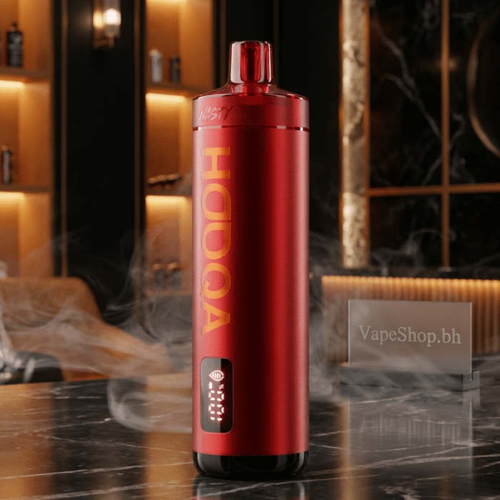Compact nasty disposable vape showing front grip and nasty logo, rechargeable bahrain vape option.