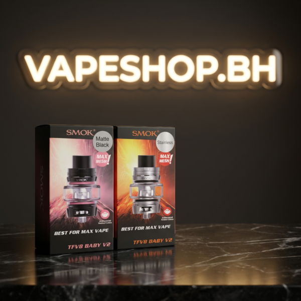 TFV8 Baby V2 sub-ohm tank featured view, stainless steel 25.4mm base, 5mL convex glass, widebore drip tip for Bahrain vapes