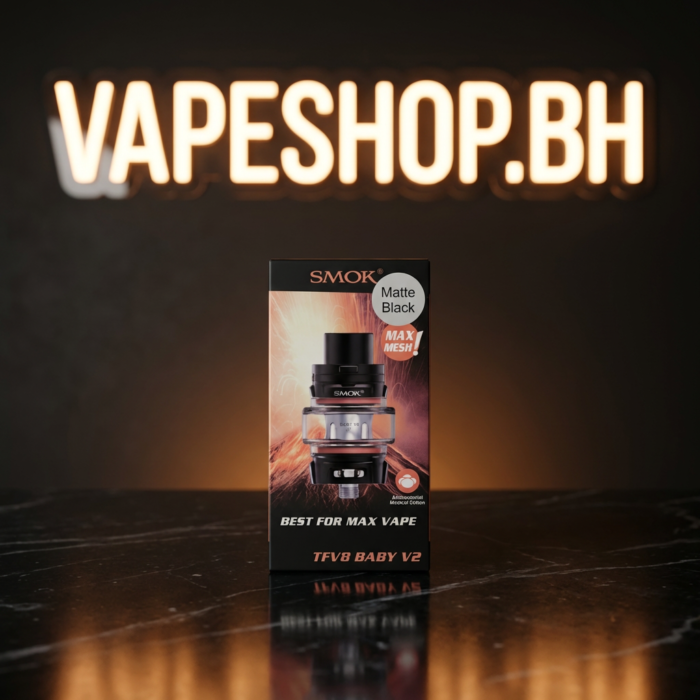 Tfv8 baby v2 sub-ohm tank gallery angle, 30mm wide stainless steel body, triple adjustable airflow base, bahrain vape accessory