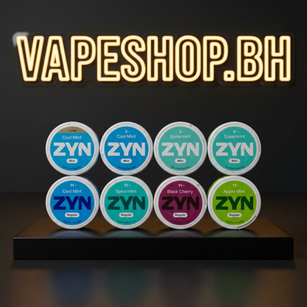 ZYN nicotine pouches featured can with white all-white pouches, tobacco-free slim design for Bahrain vape shop.