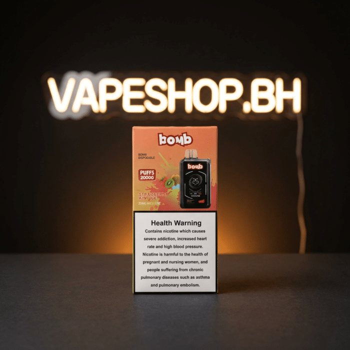 Close-up of bomb x tikobar 20k disposable vape for bahrain, vibrant accents on matte finish barrel.