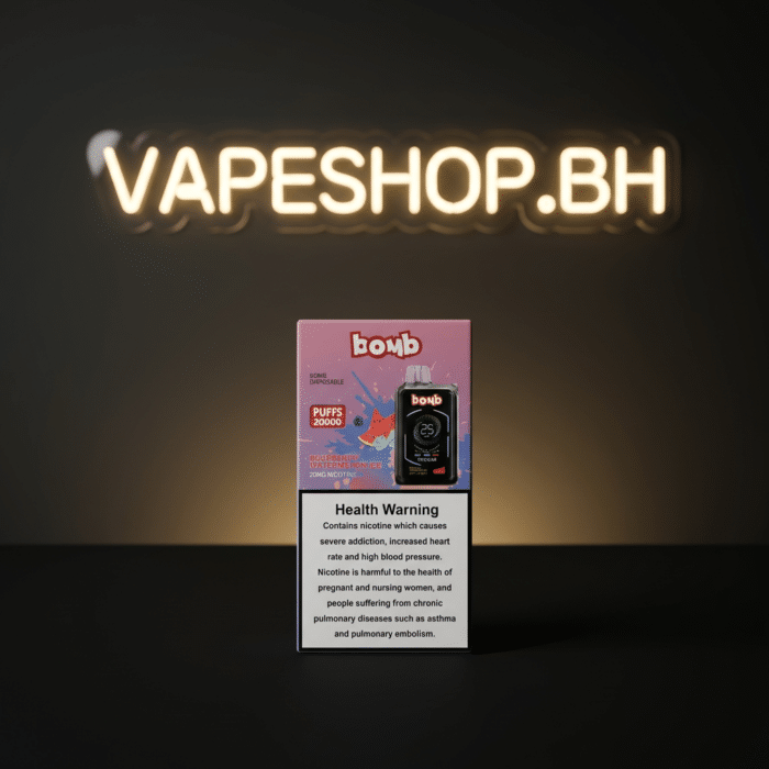 Bomb x tikobar 20k bahrain disposable vape angled shot, showing draw-activated mouthpiece and led indicator.