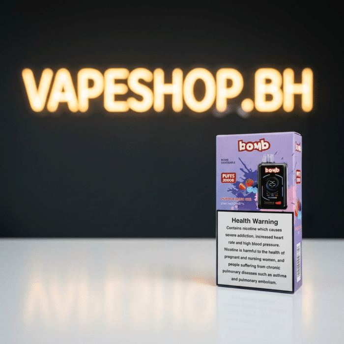 Detailed bomb x tikobar 20k disposable vape bahrain, glossy side profile with puff count branding.