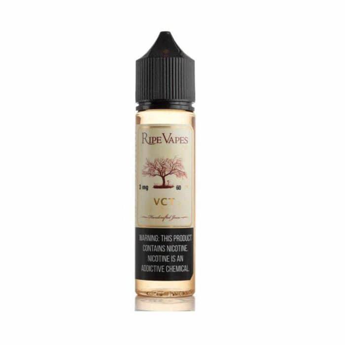Close-up of ripe vapes vct freebase e-juice bottle, smooth tobacco vanilla custard blend, 50ml freebase vape liquid in bahrain