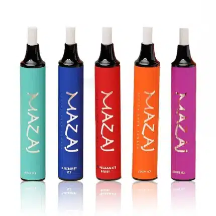 Mazaj Pure 2500 Puffs 20MG Disposable vape, sleek rectangular design with bold branding, Bahrain vape shop featured product.